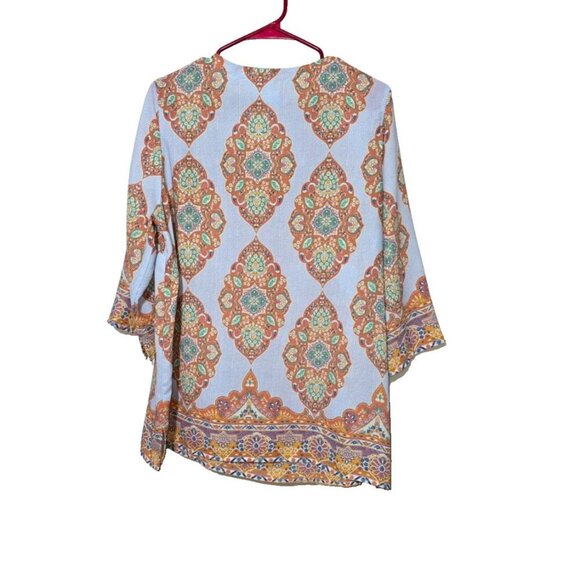 Cynthia Rowley Tunic Blouse 1X Paisley Boho V-neck Stretch Comfort Pullover Blue - Picture 2 of 12